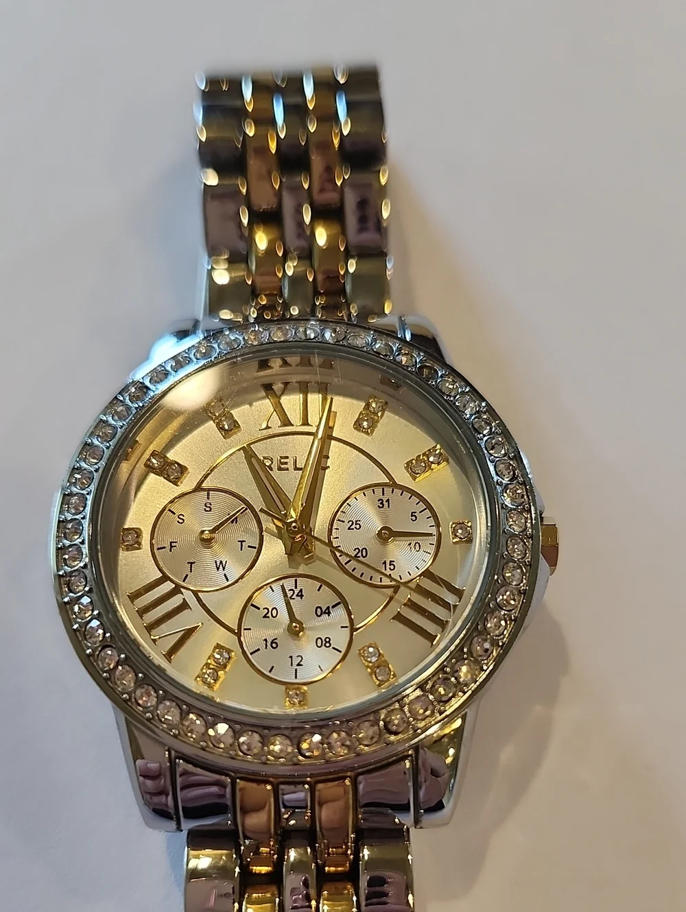 Relic Gold And Silver Tones Watch With Crystal Bezel And Crystal Numerals